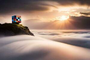 une cube sur Haut de une Montagne avec des nuages dans le Contexte. généré par ai photo