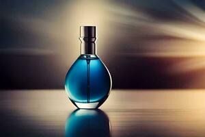 une bleu parfum bouteille sur une tableau. généré par ai photo