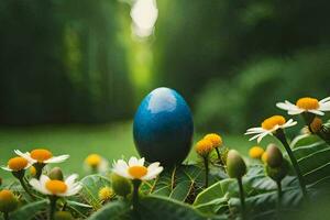 le bleu Oeuf dans le herbe. généré par ai photo