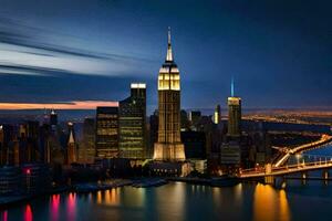 le Empire Etat bâtiment est allumé en haut à nuit. généré par ai photo