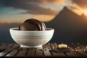 une bol de Chocolat la glace crème avec une Montagne dans le Contexte. généré par ai photo