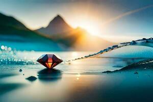 une diamant flottant dans le l'eau avec le Soleil brillant. généré par ai photo