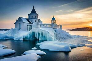 une église sur un iceberg dans le milieu de le océan. généré par ai photo