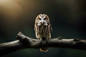 un hibou est séance sur une branche. généré par ai photo