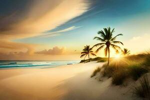 le Soleil est réglage sur le plage et le ciel est bleu. généré par ai photo