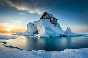 une maison sur un iceberg dans le milieu de le océan. généré par ai photo