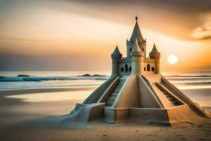 une le sable Château sur le plage à le coucher du soleil. généré par ai photo