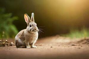 une lapin séance sur le sol dans le Soleil. généré par ai photo