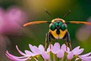 une abeille avec vert yeux séance sur une fleur. généré par ai photo