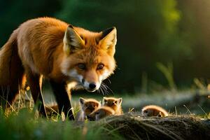 une Renard et sa petits dans le herbe. généré par ai photo