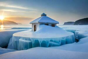 une petit maison est assis sur Haut de un la glace couvert lac. généré par ai photo