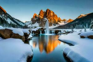 une cascade dans le neige avec rochers et neige. généré par ai photo