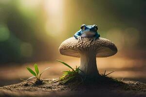 une bleu grenouille séance sur Haut de une champignon. généré par ai photo