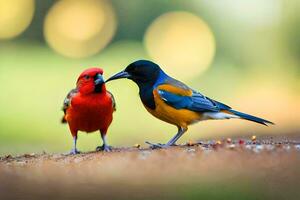 deux coloré des oiseaux permanent sur une saleté route. généré par ai photo