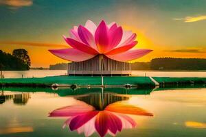 une rose lotus fleur est réfléchi dans le l'eau à le coucher du soleil. généré par ai photo