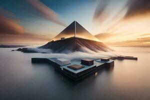 une pyramide en forme de bâtiment est assis sur Haut de une Montagne. généré par ai photo