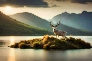 une cerf des stands sur une petit île dans le milieu de une lac. généré par ai photo