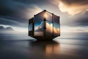une cube en forme de bâtiment dans le océan avec des nuages. généré par ai photo