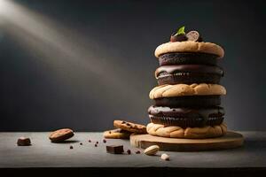 une empiler de Chocolat et cacahuète beurre biscuits sur une en bois tableau. généré par ai photo