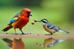 deux coloré des oiseaux permanent suivant à chaque autre. généré par ai photo