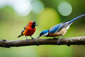 deux coloré des oiseaux séance sur une branche. généré par ai photo