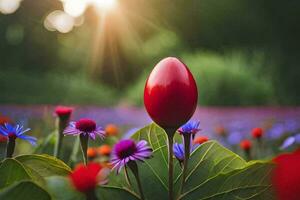 une rouge Oeuf est séance sur une fleur champ. généré par ai photo