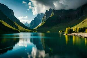 une Lac entouré par montagnes et des arbres. généré par ai photo