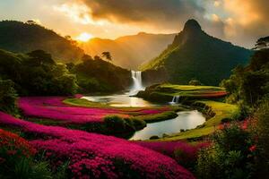 le le coucher du soleil plus de le cascade dans le vallée. généré par ai photo