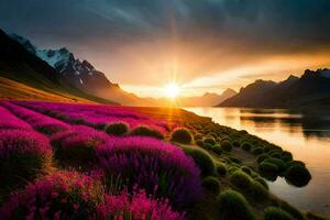 le Soleil monte plus de le montagnes et violet fleurs dans le premier plan. généré par ai photo