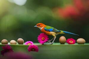 une coloré oiseau est permanent sur une feuille avec rose fleurs. généré par ai photo