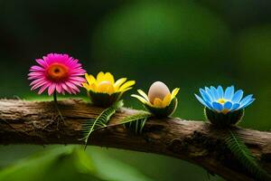 quatre coloré fleurs sont séance sur une branche. généré par ai photo