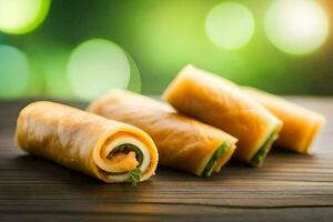 Trois Rouleaux de nourriture sur une en bois tableau. généré par ai photo