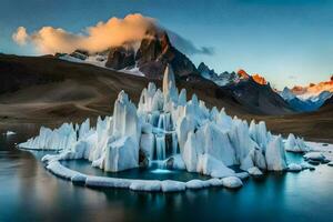 le la glace est flottant dans le l'eau et montagnes sont dans le Contexte. généré par ai photo