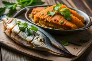 une assiette avec poisson et des légumes sur il. généré par ai photo