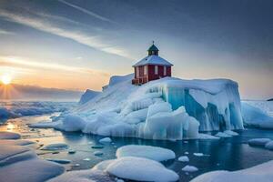 une phare est assis sur Haut de un iceberg dans le milieu de le océan. généré par ai photo