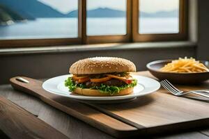 une Hamburger et frites sur une en bois tableau. généré par ai photo