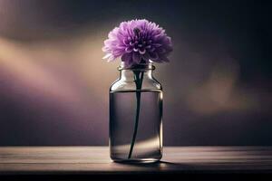 une violet fleur dans une verre bouteille sur une en bois tableau. généré par ai photo