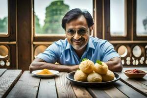 une homme séance à une table avec certains aliments. généré par ai photo