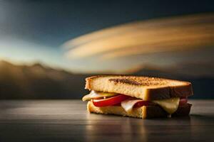 une grillé fromage sandwich avec fromage et tomates sur une en bois tableau. généré par ai photo