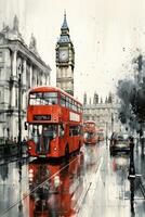Londres rue avec rouge autobus dans pluvieux journée esquisser illustration photo