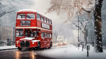 Londres rue avec rouge autobus dans pluvieux journée esquisser illustration photo