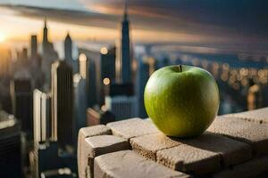 un Pomme est assis sur Haut de une brique mur surplombant le ville. généré par ai photo