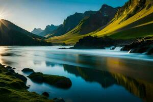 photo fond d'écran montagnes, le soleil, eau, montagnes, rivière, vert, eau, montagnes,. généré par ai