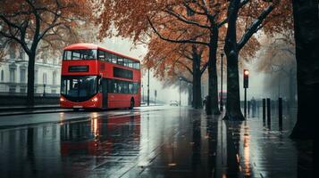 Londres rue avec rouge autobus dans pluvieux journée esquisser illustration photo