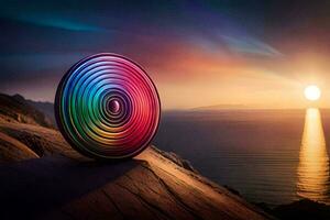 une coloré roue est assis sur Haut de une rock. généré par ai photo