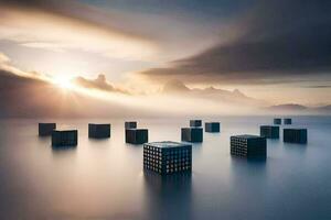 une groupe de cubes dans le l'eau à le coucher du soleil. généré par ai photo