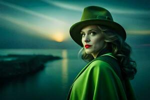 une femme dans une vert chapeau et cap. généré par ai photo