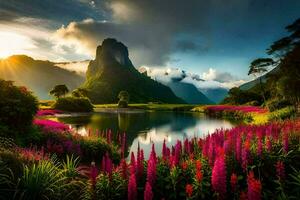 le Soleil monte plus de le montagnes et le fleurs Floraison dans le vallée. généré par ai photo