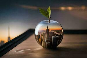 un Pomme avec une paysage urbain dans il. généré par ai photo