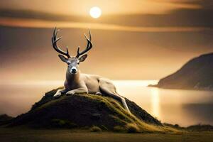 une cerf est séance sur une colline avec le Soleil réglage derrière il. généré par ai photo